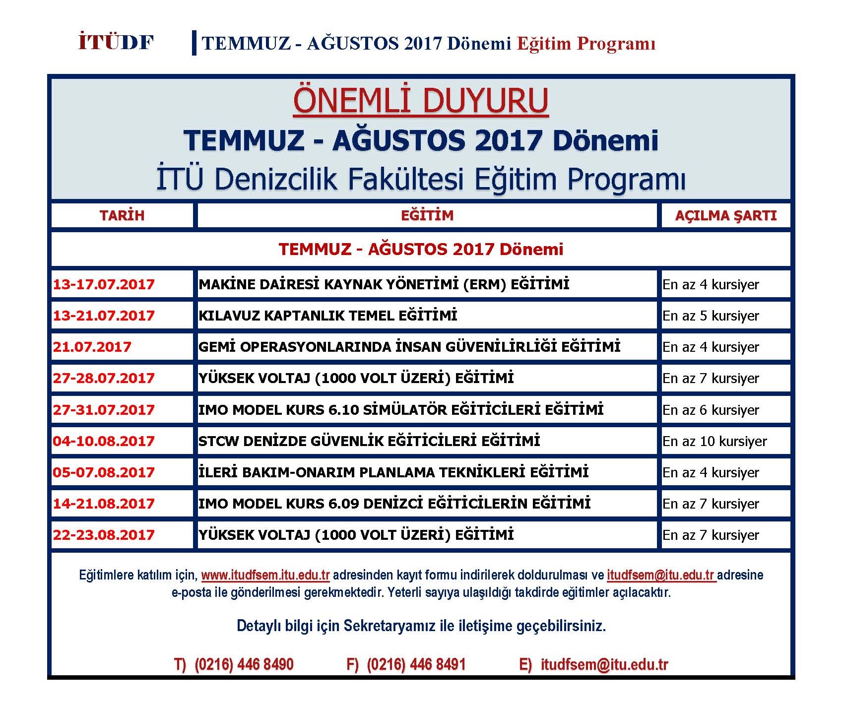 İTÜ DF Temmuz Ağustos 2017 Eğitim Programı